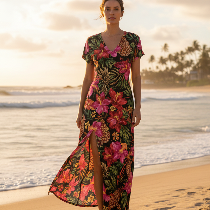 Women's Floral Summer Long Dress, V-Neck Short Sleeve Casual Beach Style with Side Slit