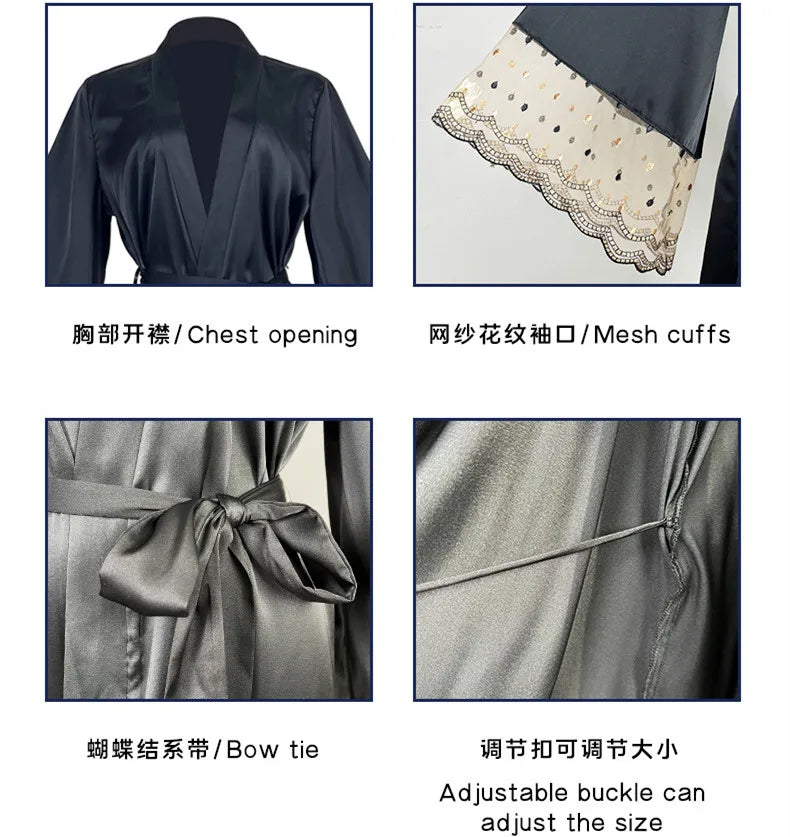 Niuniushow Robe de Nuit Satin Noir Col V Manches Longues Dentelle