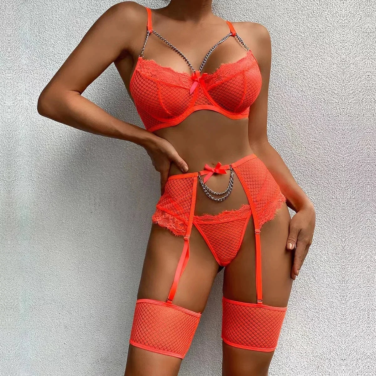 Les Secrets de Léa Ensemble Sous Vetements Maille Creuse Léopard Chaîne Métal