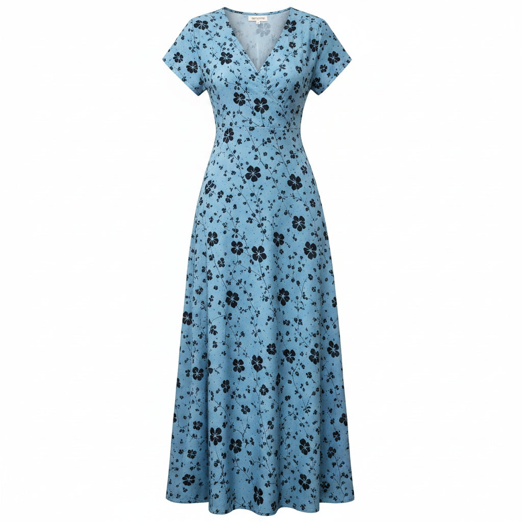 Women's Floral Summer Long Dress, V-Neck Short Sleeve Casual Beach Style with Side Slit