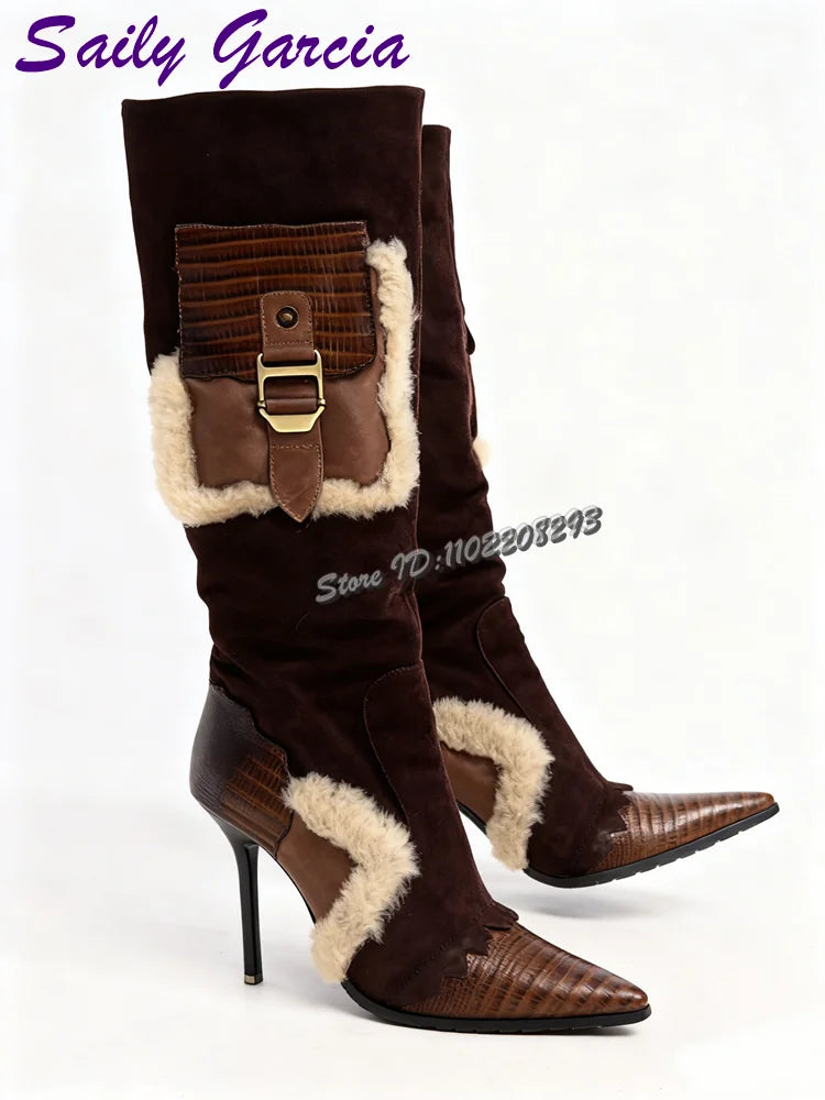 Saily Garcia Bottes Hautes Marron Patchwork Fourrure Bout Pointu Talon Aigu