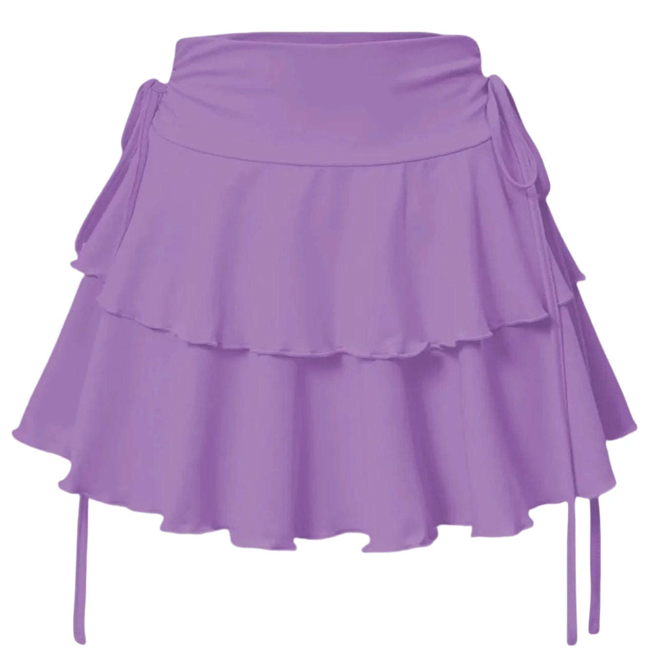 Jupe courte évasée à taille haute lavande avec volants superposés et liens latéraux.