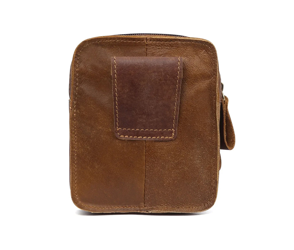 Sac de Taille en Cuir Brun avec Deux Compartiments et Fermeture Éclair