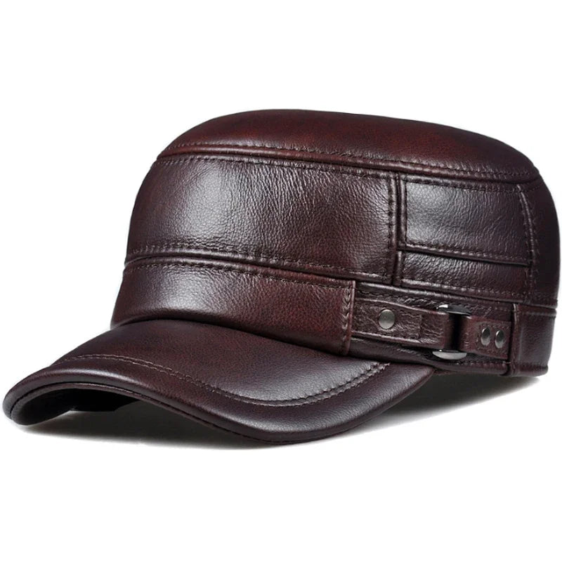 LKSORL Casquette Hiver Cuir Véritable Marron Militaire
