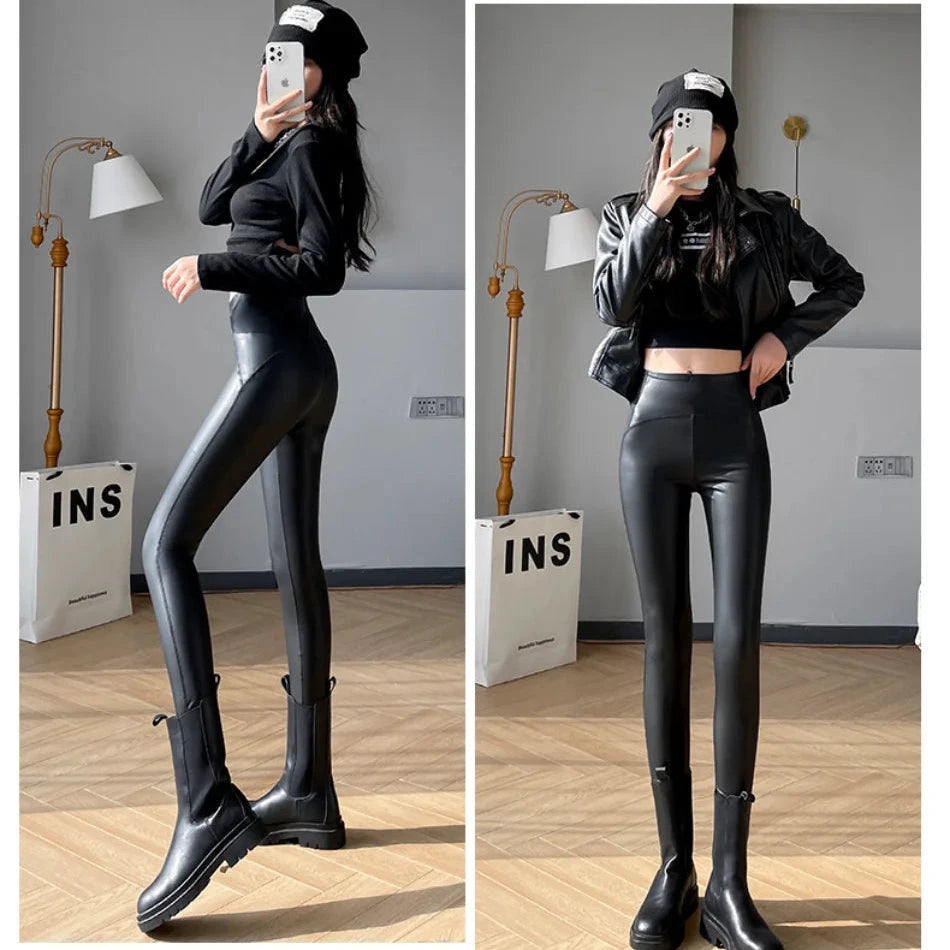 Leggings Cuir PU Noir Taille Haute Serpent