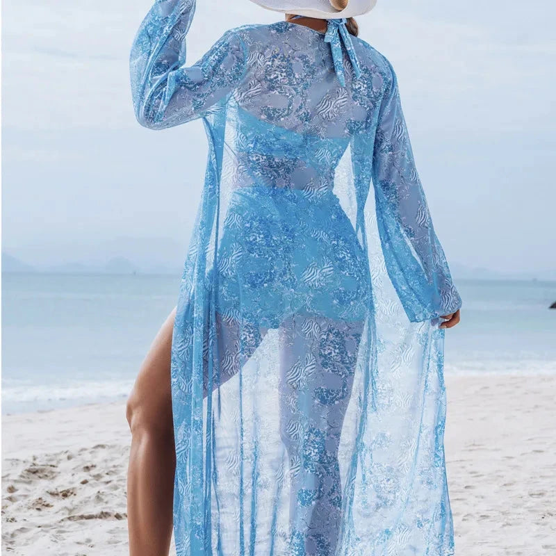 Tankini trois pièces Rivera LSDLBoutique bleu à motifs floraux, voile translucide