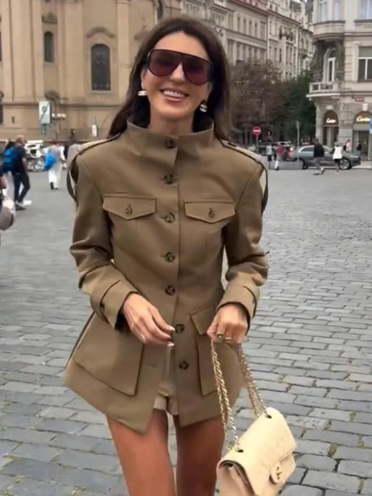 Nonen Veste Pilote Femme Polyester Marron Fermeture Éclair Revers Ample