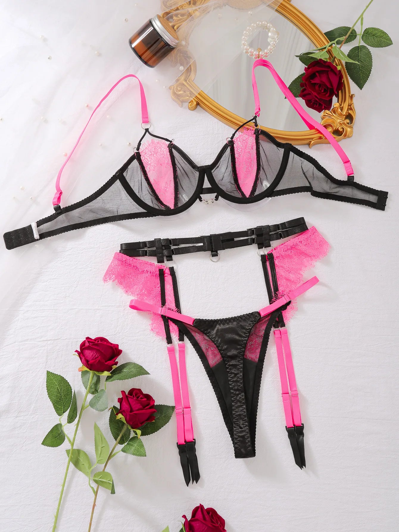 SMPG Ethical Mesh Lingerie Set, Pink and Black, Straps