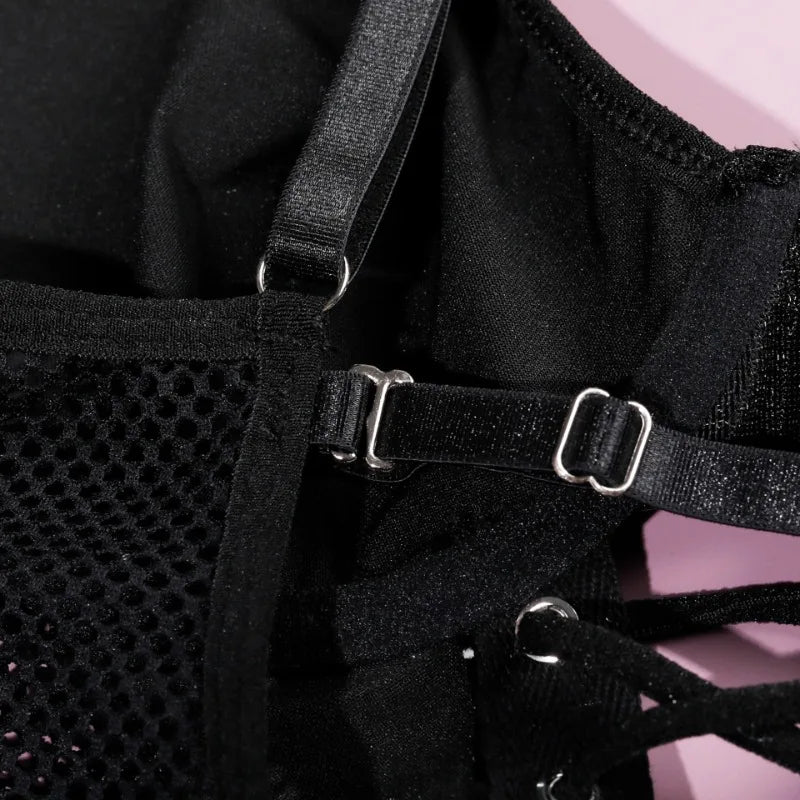 Tornova Lingerie Bustier Et Culotte Noire Patchwork PU Lacets Maille