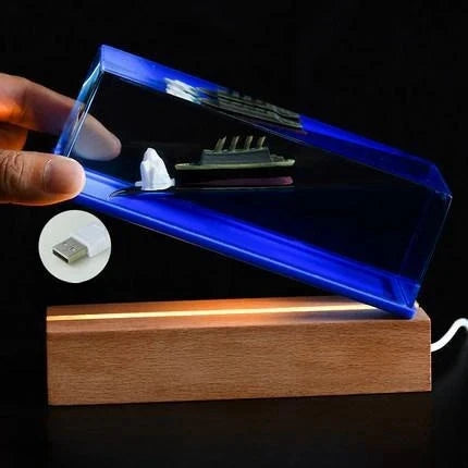 Décoration bateau Going Merry en liquide MINISO, diorama bleu translucide sur socle en bois