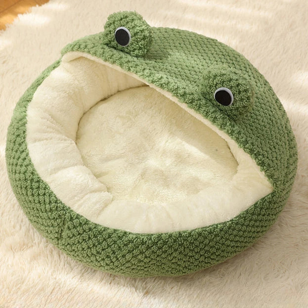 Nid Pour Animaux Grenouille Peluche Vert Semifermé