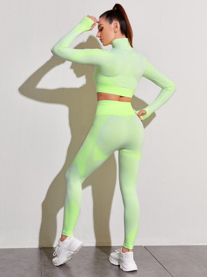 Ensemble Yoga Sans Couture Femme Haut Court Leggings Taille Haute Bleu