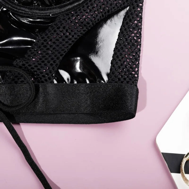 Tornova Lingerie Black Patchwork PU Lace-Up Bustier and Panties