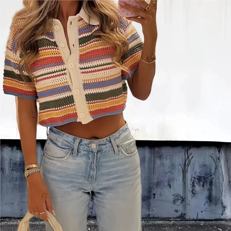 Les Secrets de Léa – Ensemble maille crochet rayé short et polo – Samia