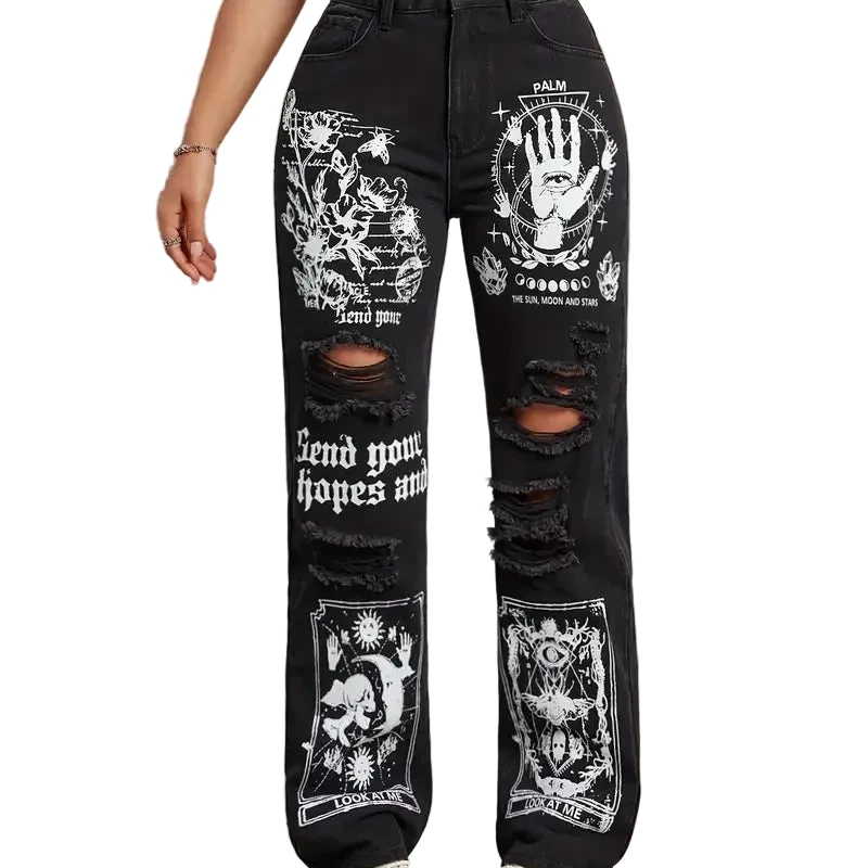 Jean droit noir imprimé et déchiré LSDLBoutique, motifs graphiques blancs et déchirures aux genoux