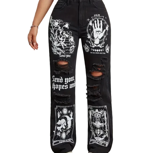 Jean droit noir imprimé et déchiré LSDLBoutique, motifs graphiques blancs et déchirures aux genoux