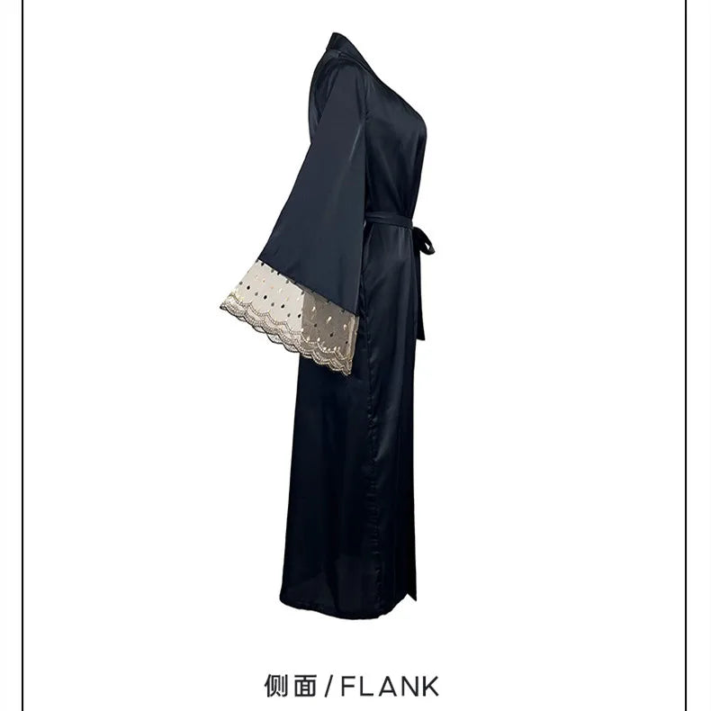 Niuniushow Robe de Nuit Satin Noir Col V Manches Longues Dentelle