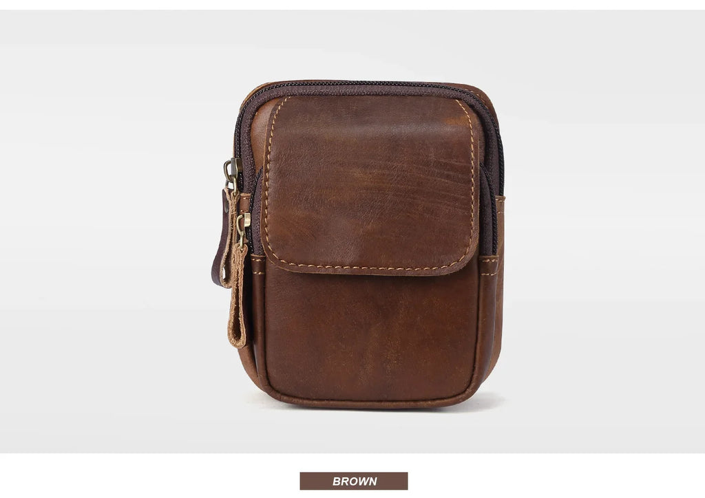 Sac de Taille en Cuir Brun avec Deux Compartiments et Fermeture Éclair