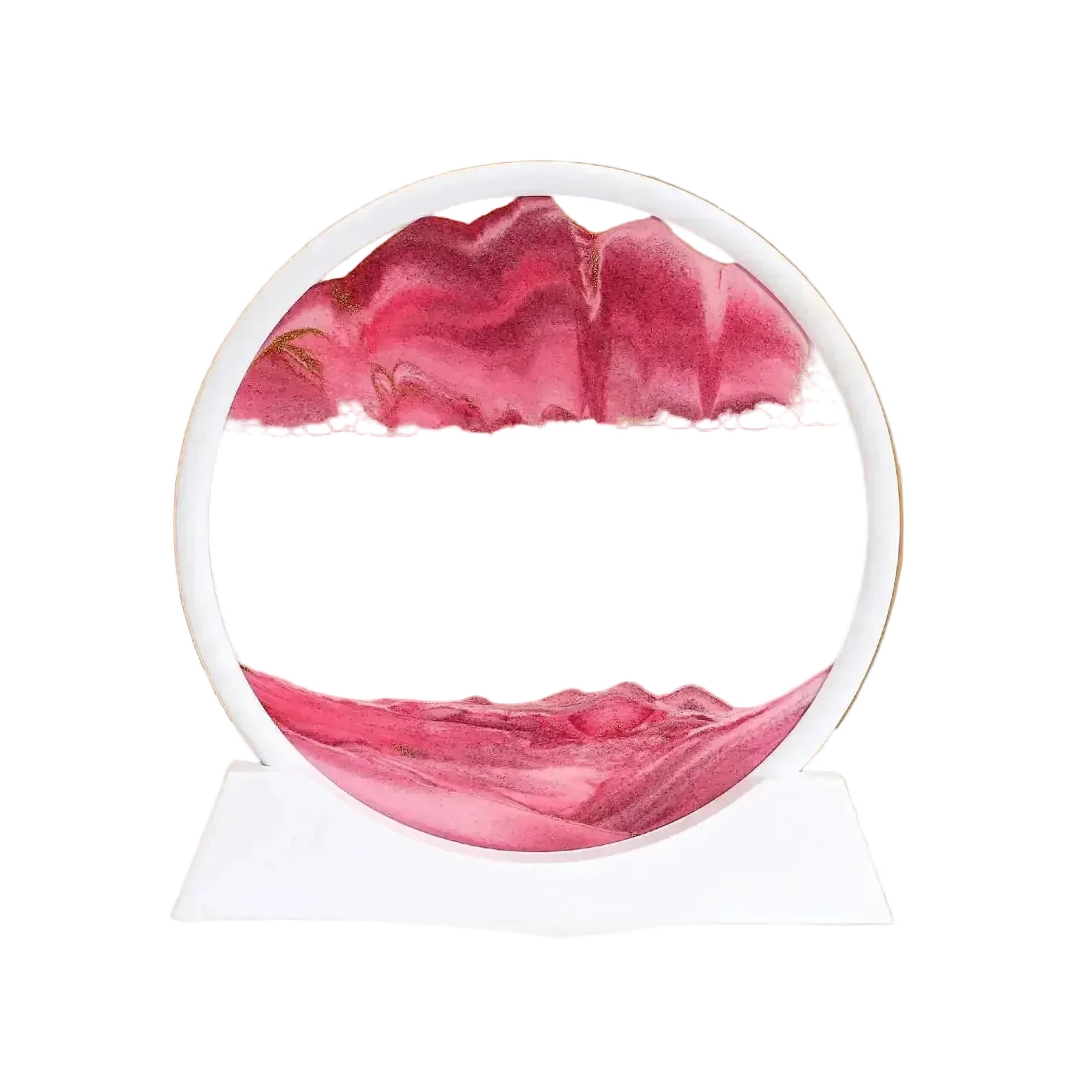 Tableau de Sable Mouvant 3D, sablier rond avec sable rose sur socle blanc LSDLBoutique
