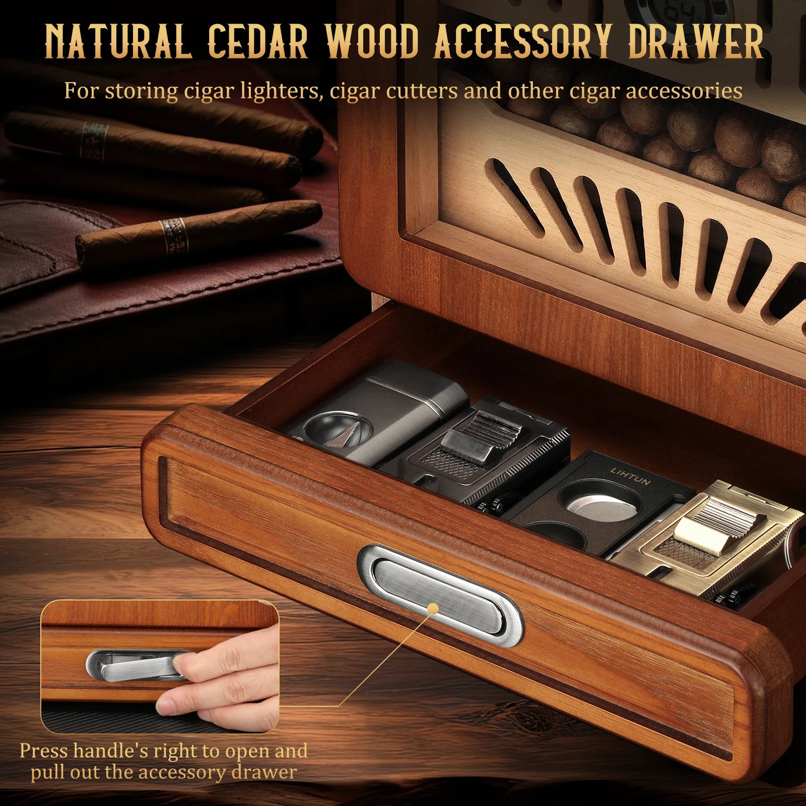 Cigar Humidor Cabinet,Desktop Humidor,with 4 Spanish Cedar Wood Shelves, 2 Humidifiers,Digital Hygrometer Thermometer and Drawer