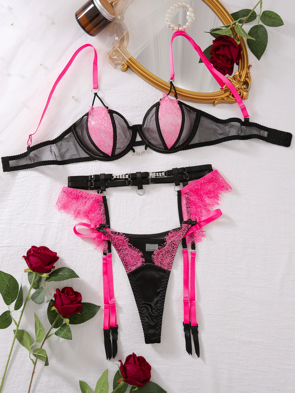 Léa's Secrets Black and Pink Lace Lingerie Set with Garter Belt