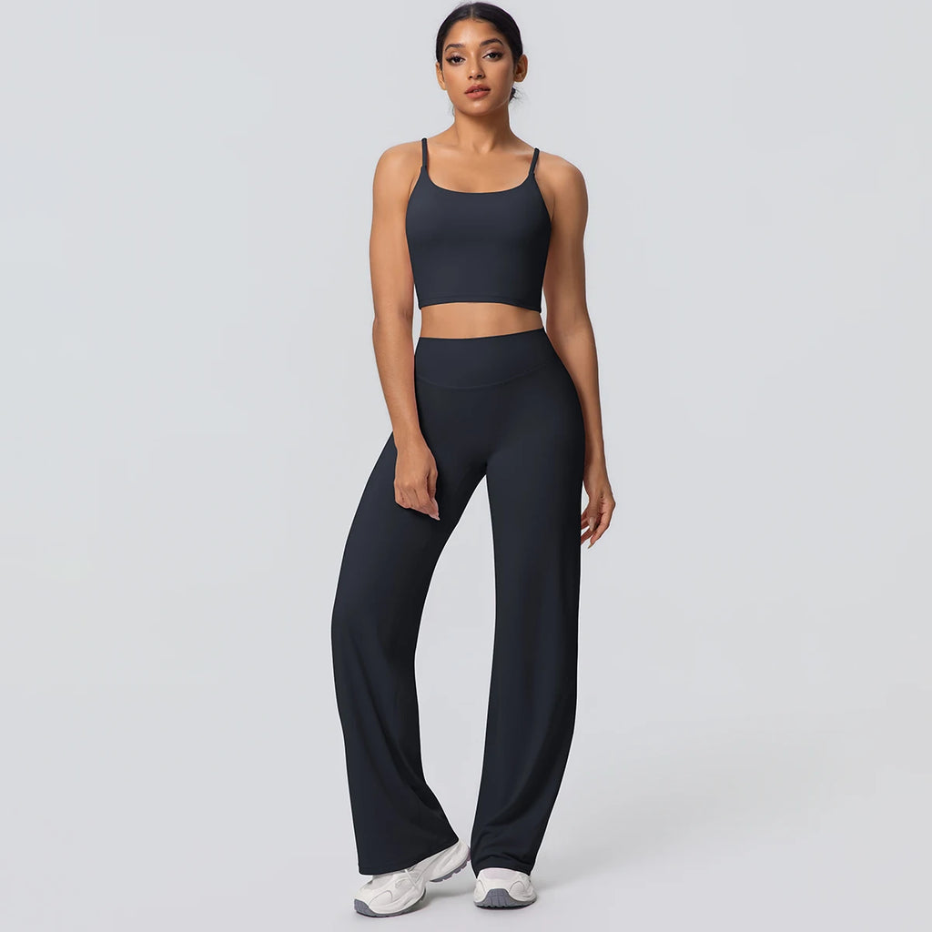 Ensemble Sport Femme Bleu Clair Dos Nu Bretelles Pantalon Taille Haute