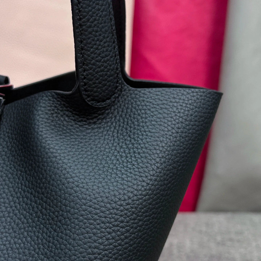 Sac à main seau en cuir véritable noir, Mendy – bucket bag grainé