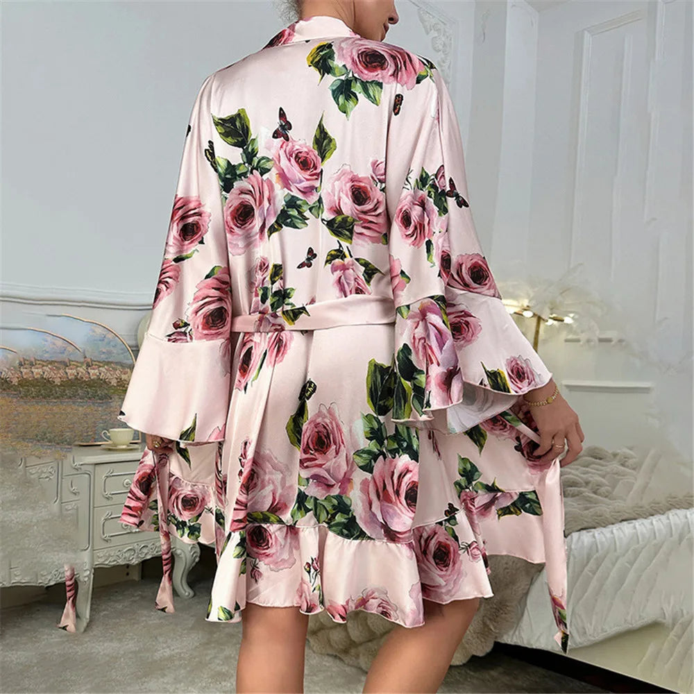 Les Secrets De Léa Robe Kimono Satin Imprimé Fleurs