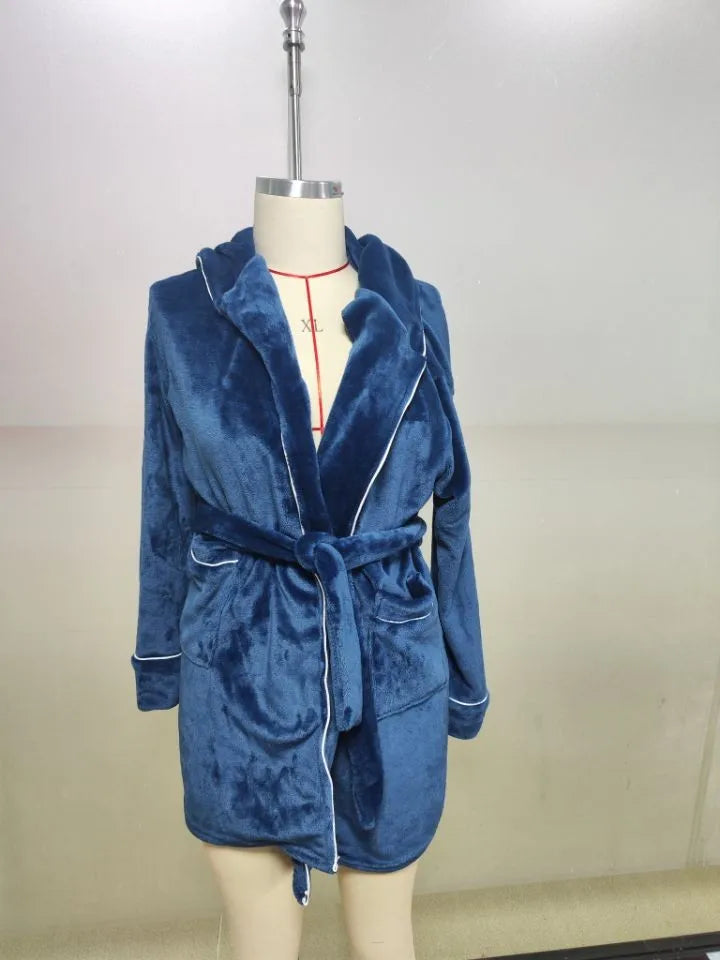 Peignoir à Capuche en Coton et Velours Côtelé Bordeaux