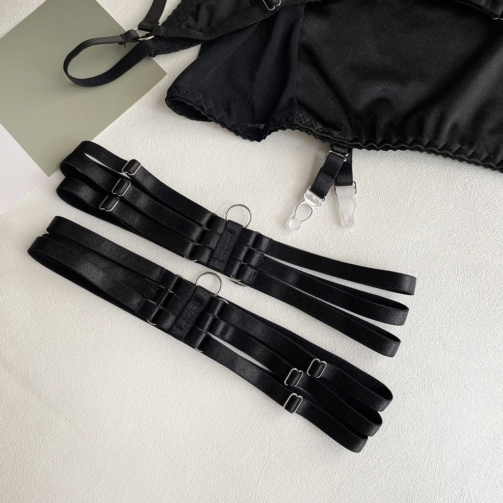 Ellolace Dessous-Set, feiner Satin und Spitze, Rot, 5-teilig