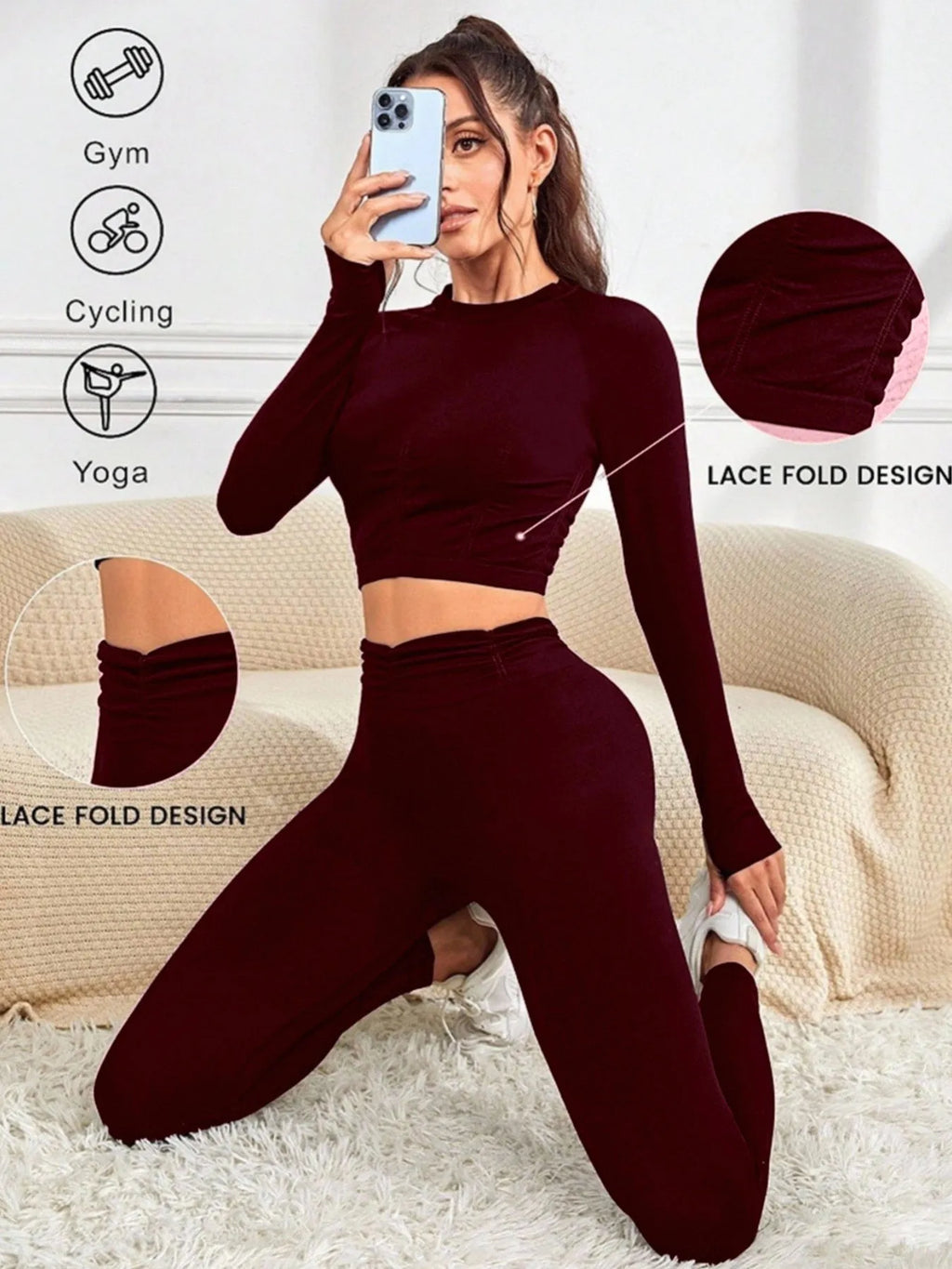 Ensemble Yoga Dentelle Sans Couture Bordeaux Haut Court Et Leggings