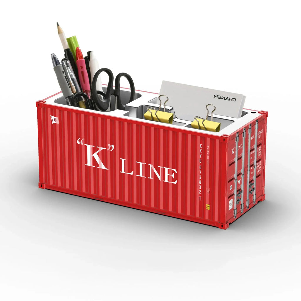 Porte-stylos conteneur maritime rouge, organisateur bureau en métal avec compartiments pour stylos; logo K LINE.