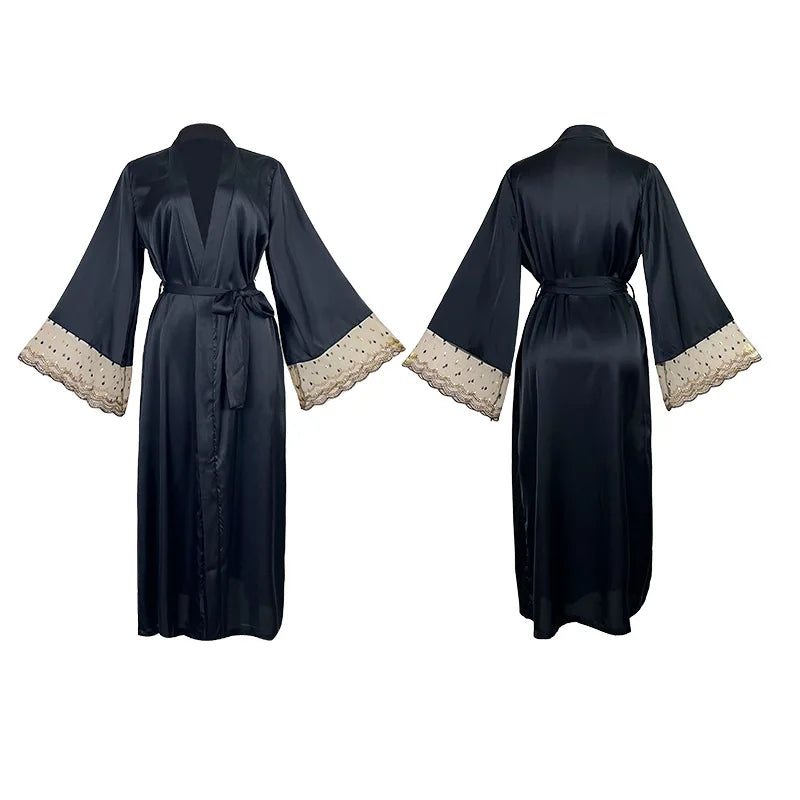 Niuniushow Robe de Nuit Satin Noir Col V Manches Longues Dentelle