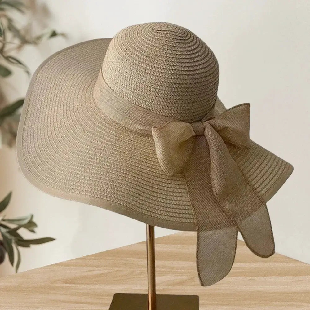 Chapeau de plage en paille beige à grand bord avec nœud décoratif, LSDLBoutique