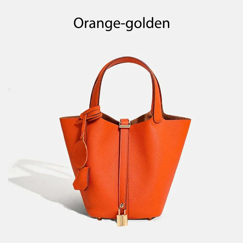 Sac à main seau en cuir véritable Mendy orange, bucket bag chic