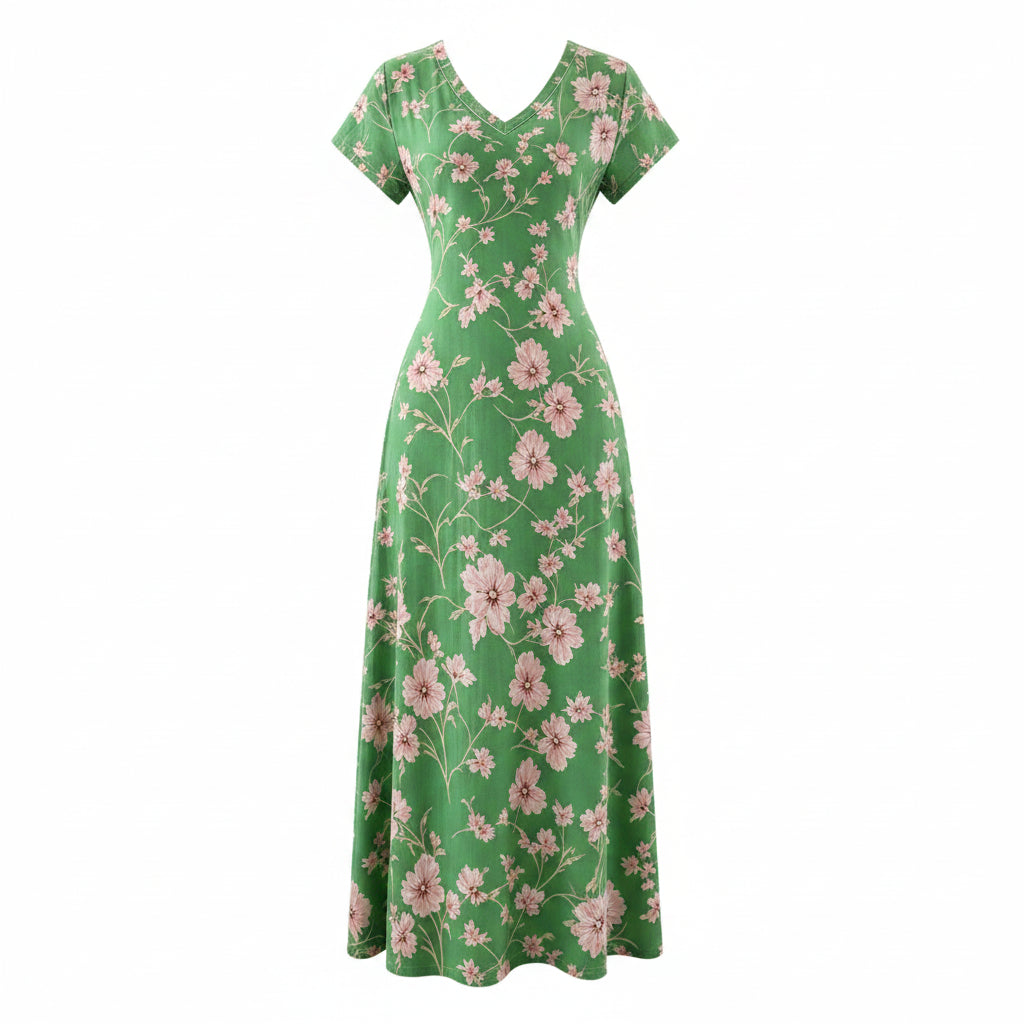 Damen Bohemian Blumen Maxikleid, V-Ausschnitt, kurze Ärmel, seitlicher Schlitz, Freizeitkleid für Strand und Reisen