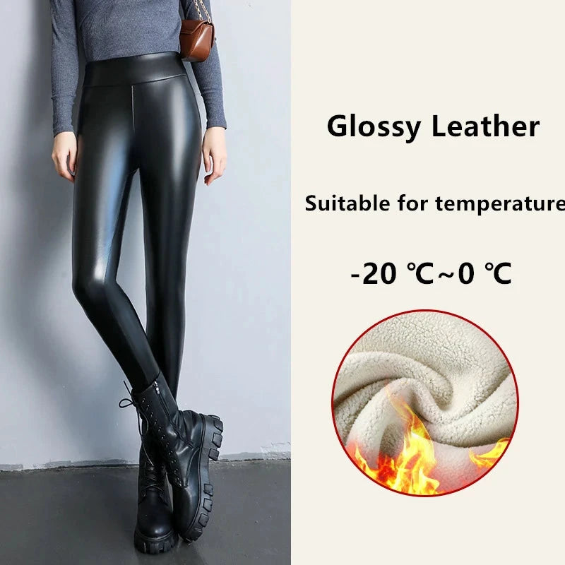 Leggings PU Cuir Doublé Polaire Noir Taille Haute