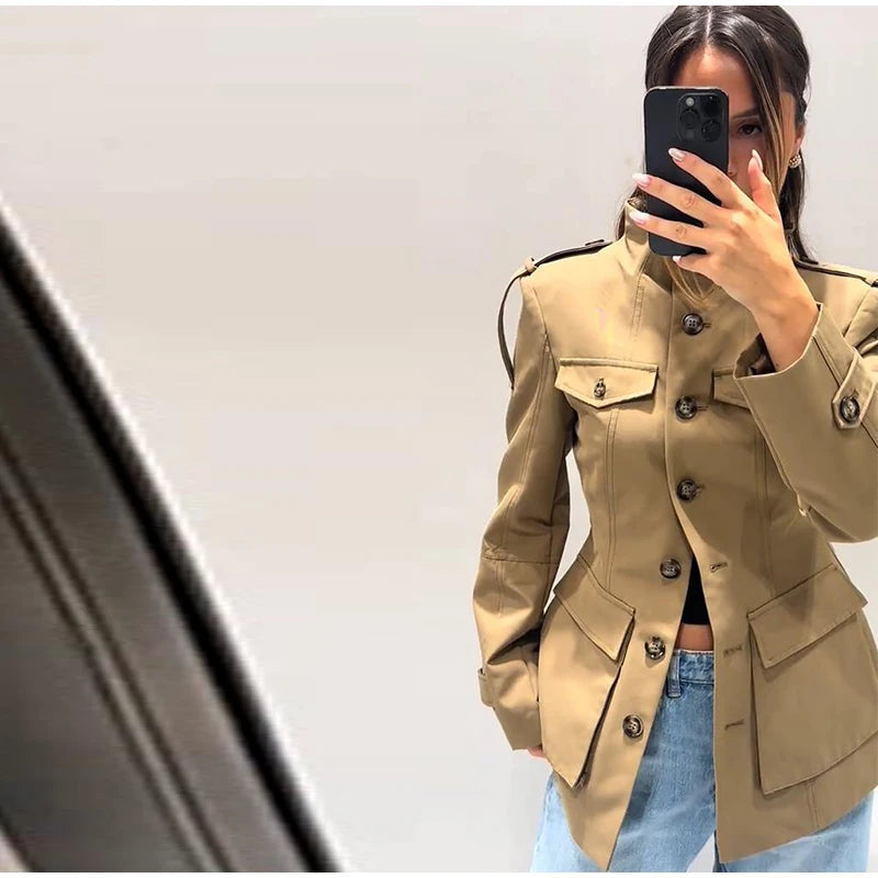 Nonen Veste Pilote Femme Polyester Marron Fermeture Éclair Revers Ample