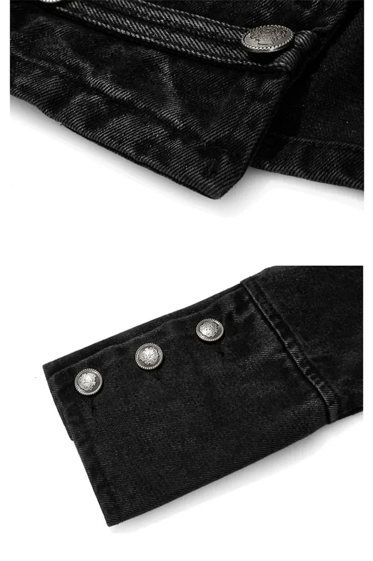 Yipn Veste Jean Courte Noir Fendue À Boutons Multiples