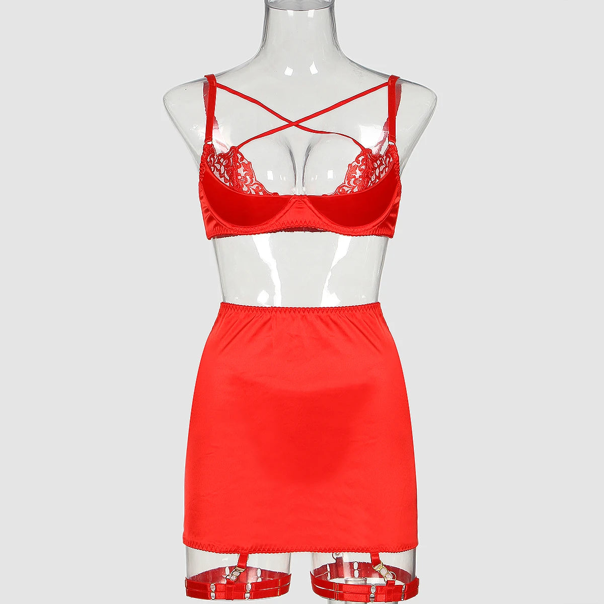 Ellolace Ensemble Lingerie Soutien Gorge Croisé Push Up Dentelle Rouge