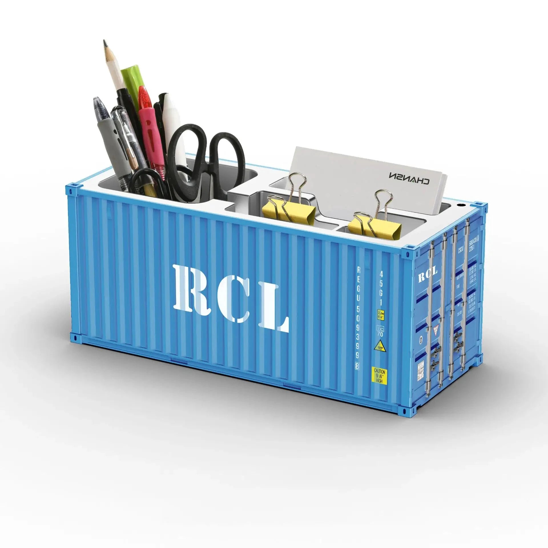 Porte-stylos bleu en forme de conteneur maritime, organisateur de bureau en plastique avec emplacements pour stylos.