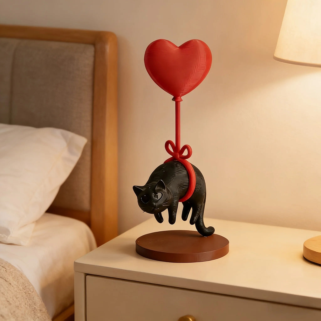 Figurine chat flottant avec ballon coeur – Décoration romantique de bureau et maison