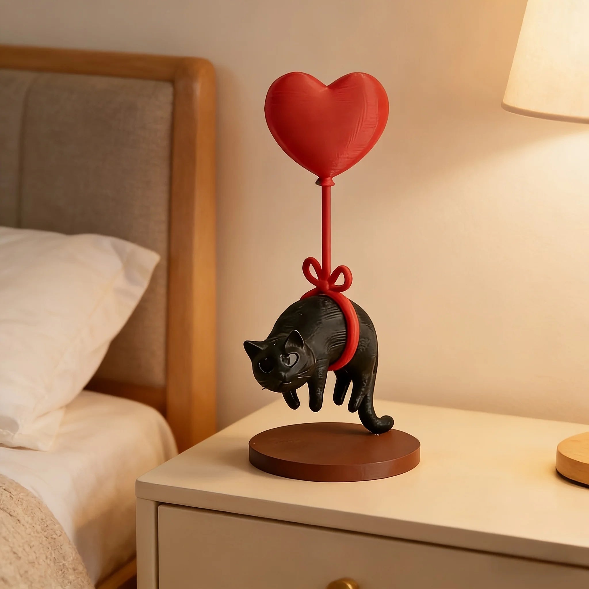 Figurine chat flottant avec ballon coeur – Décoration romantique de bureau et maison