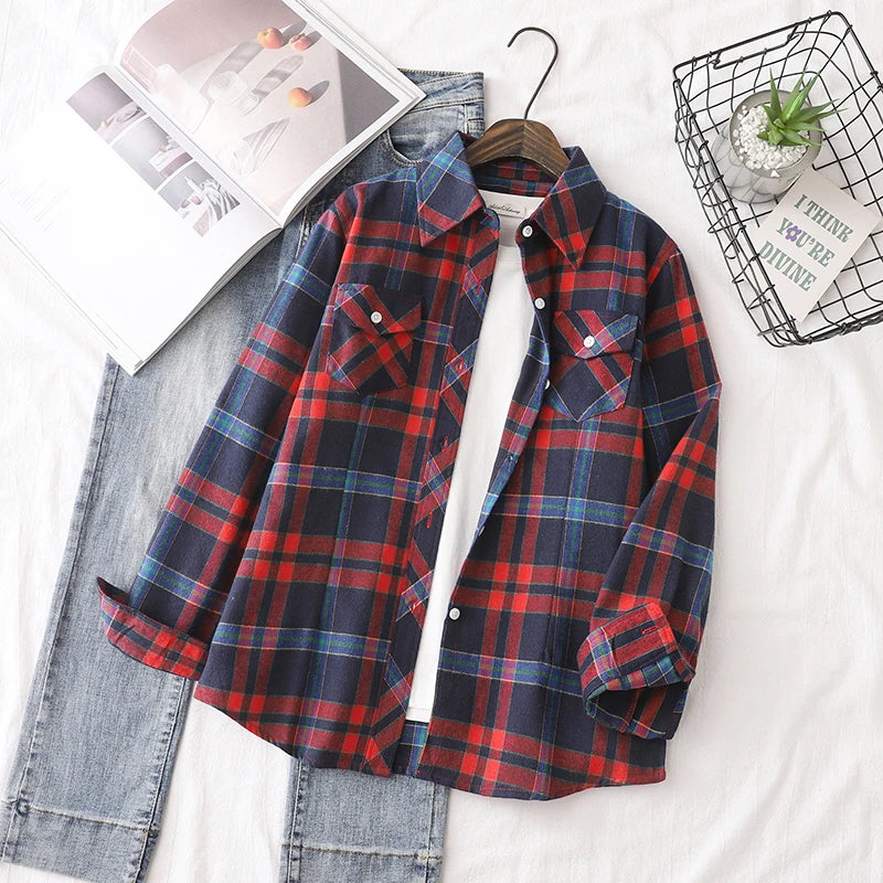 Chemise Femme Flanelle De Coton Carreaux Slim Fit Manches Longues