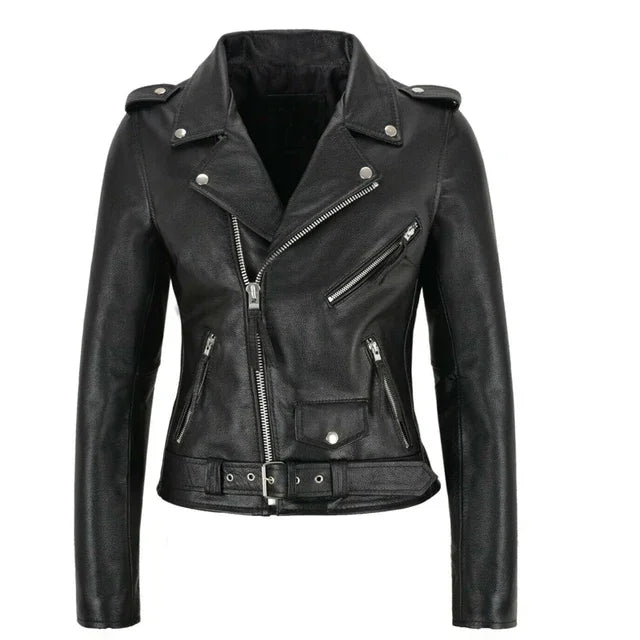 Veste Moto Cuir Noire Femme Style Punk Fermeture Éclair