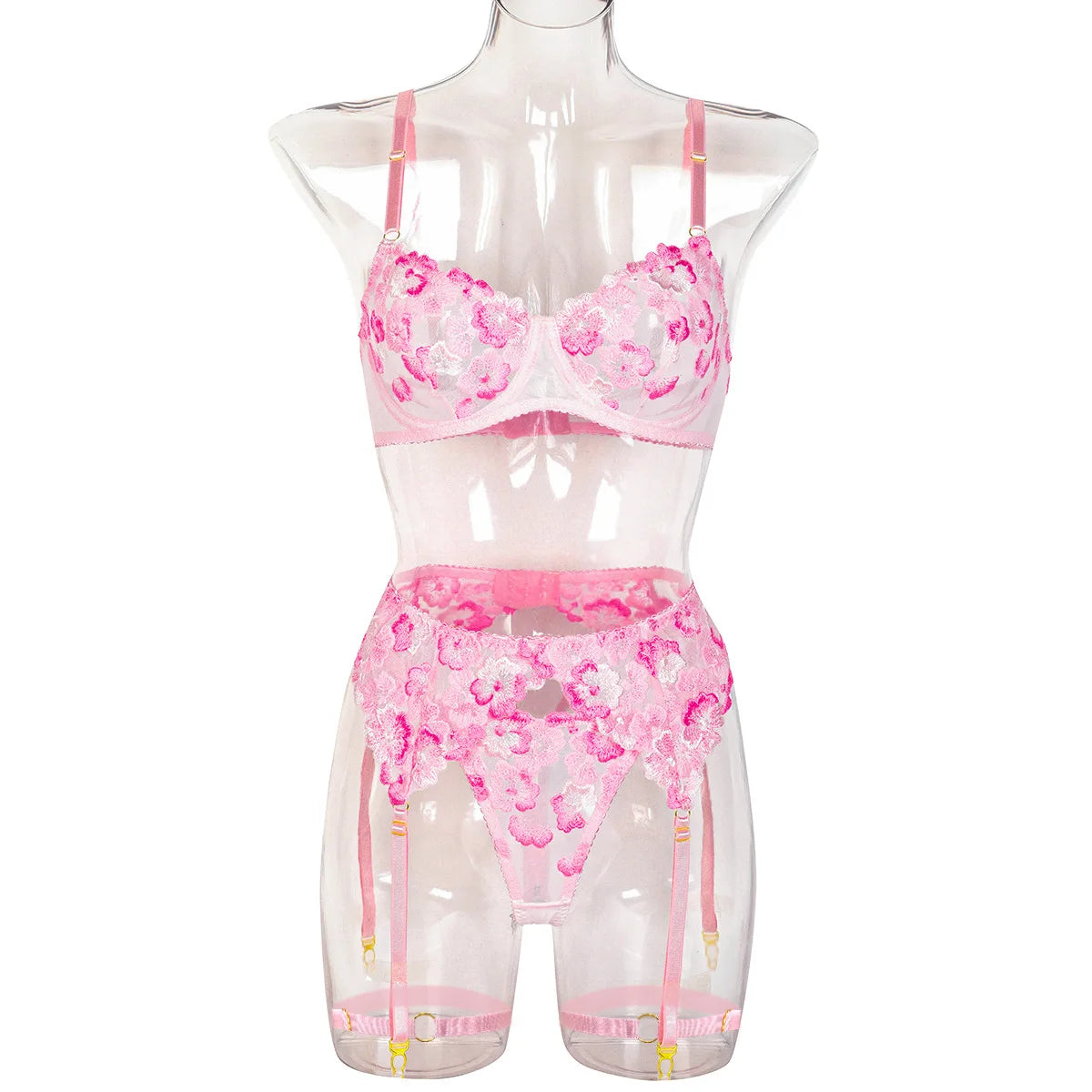 Ensemble dentelle fleurie – Soutien-gorge, string & jarretelles