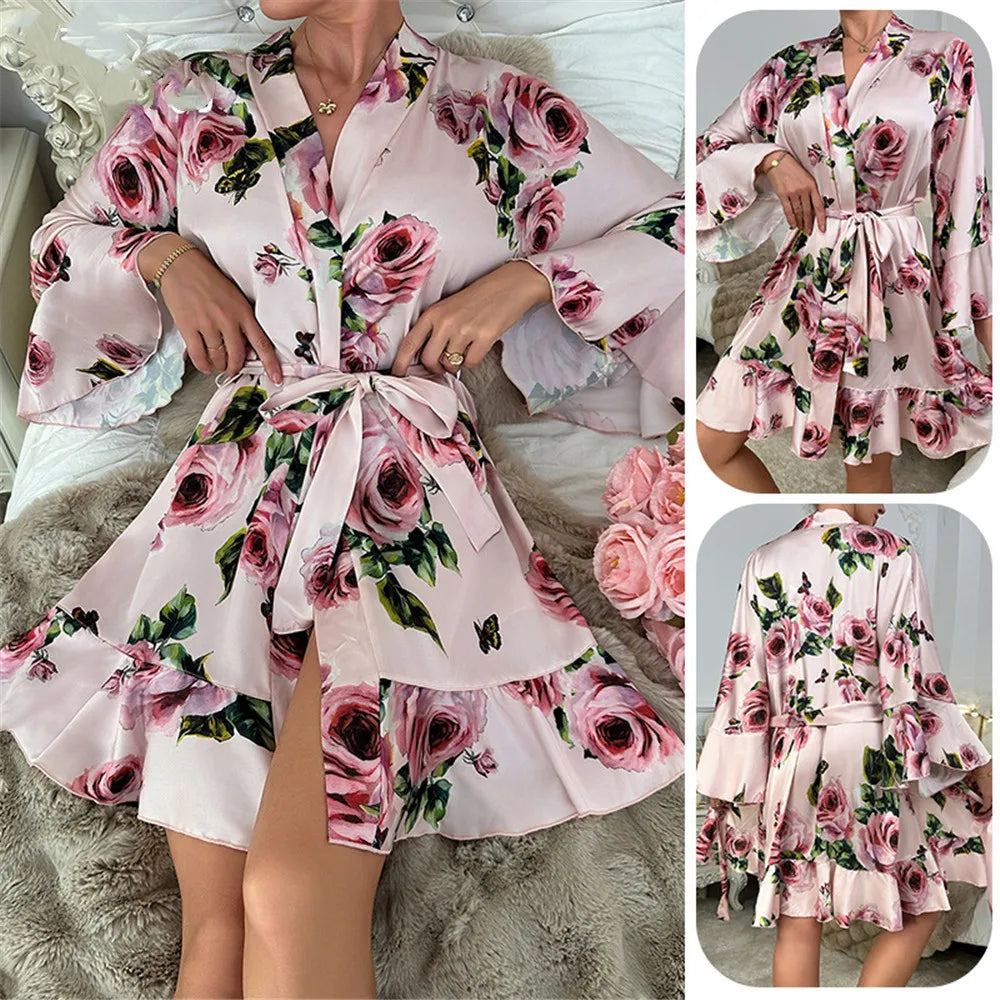 Les Secrets De Léa Robe Kimono Satin Imprimé Fleurs