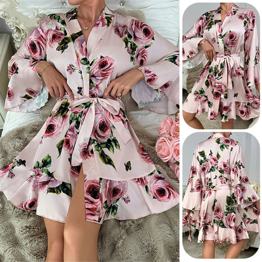 Les Secrets De Léa Robe Kimono Satin Imprimé Fleurs