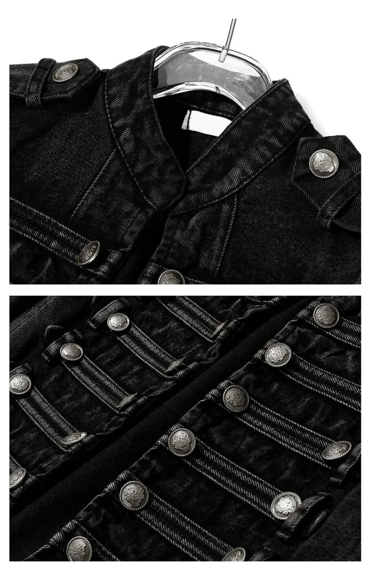 Yipn Veste Jean Courte Noir Fendue À Boutons Multiples
