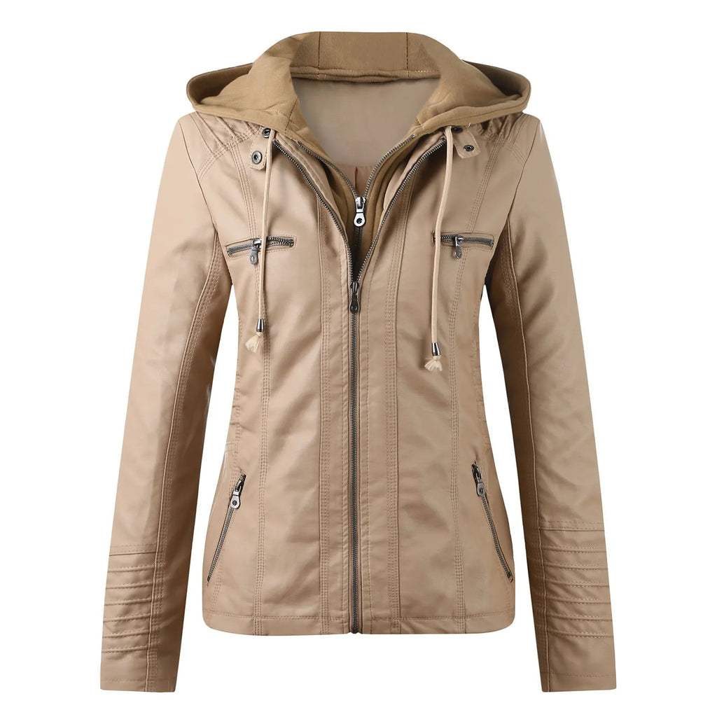 SITMCF Veste Moto Femme PU Cuir À Capuche Fermeture Éclair